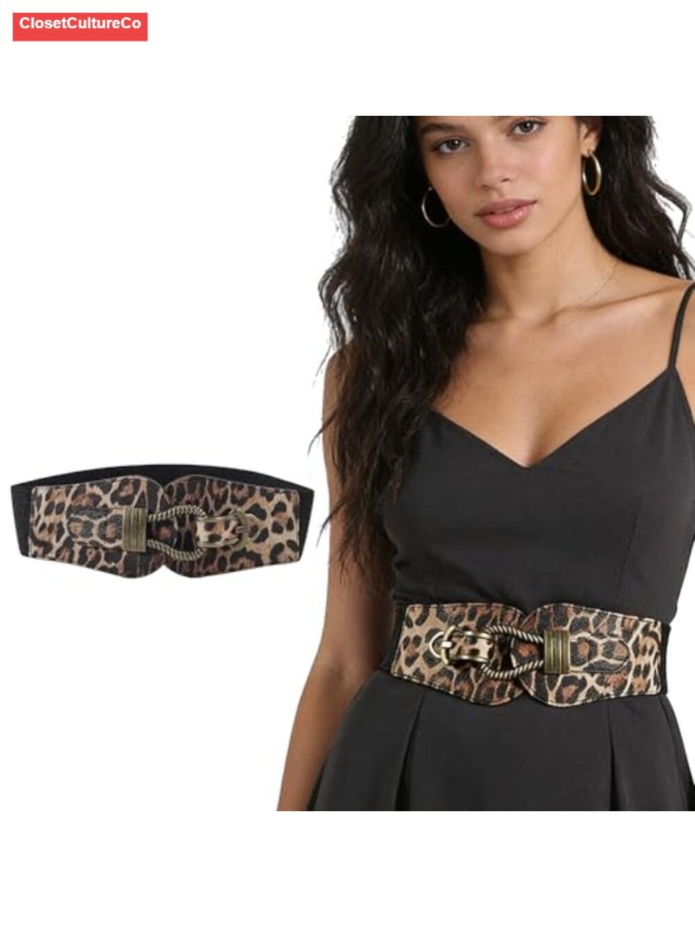 Women Leopard PU Leather Wide Cinch Belt Stretchy Elastic Waist Dress Coat